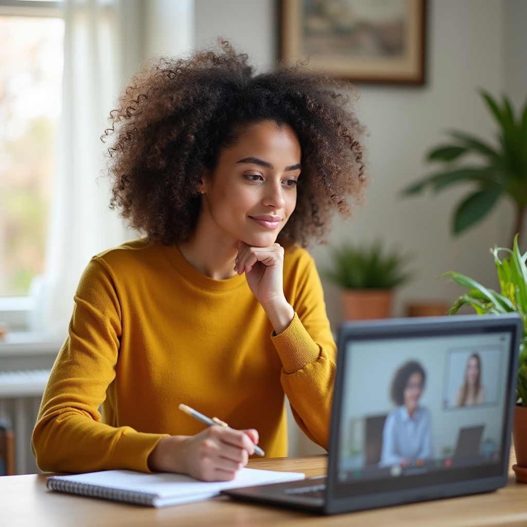 Webinar-Teilnehmerin im Home-Office nimmt aktiv an einer Online-Session teil